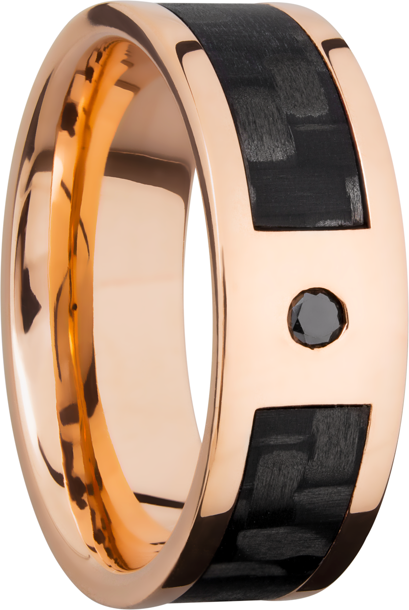 14K Rose Gold 8mm flat band with a 5mm inlay of segmented black Carbon Fiber and a flush-set black diamond accent