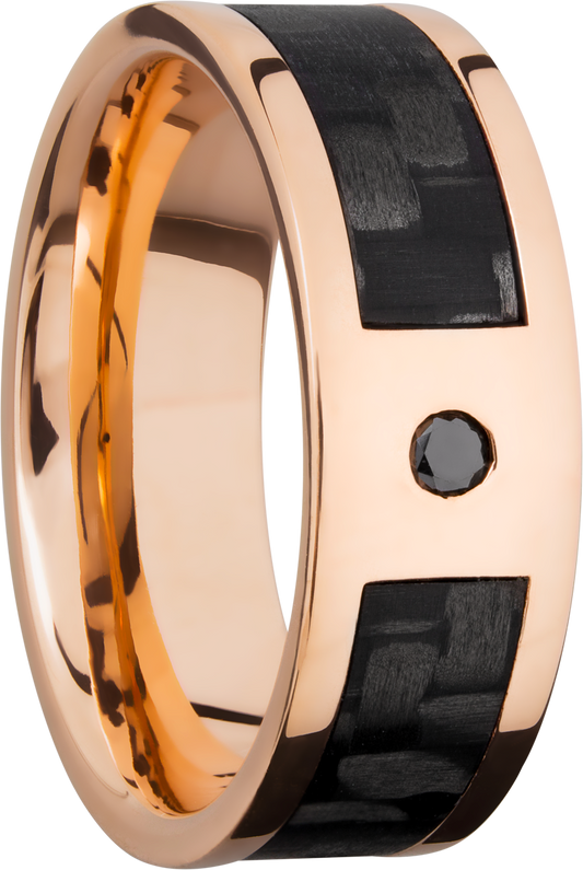 14K Rose Gold 8mm flat band with a 5mm inlay of segmented black Carbon Fiber and a flush-set black diamond accent