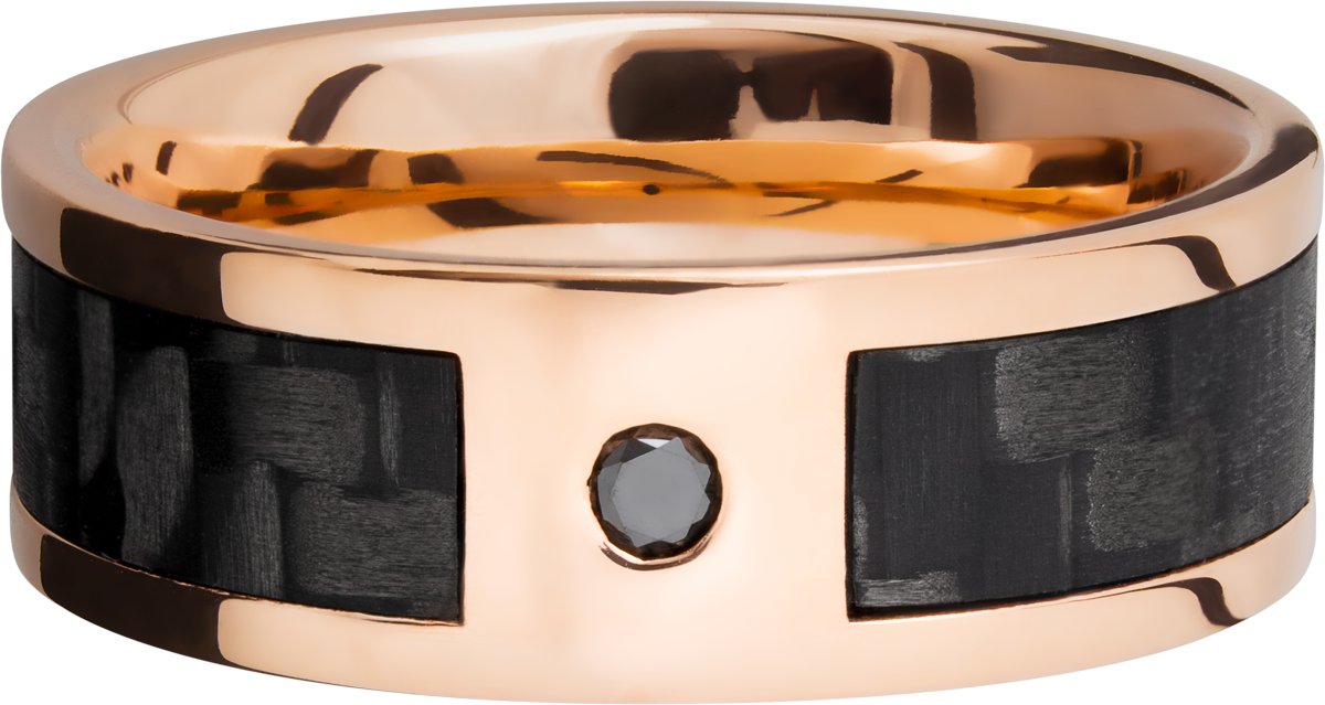 14K Rose Gold 8mm flat band with a 5mm inlay of segmented black Carbon Fiber and a flush-set black diamond accent