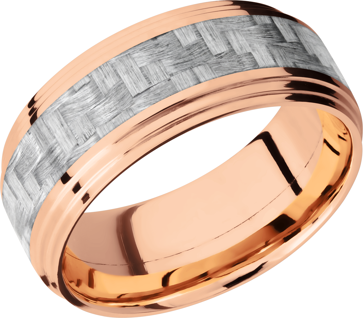 14K Rose Gold 9mm flat band with 2 grooved edges and a 4mm inlay of silver Carbon Fiber