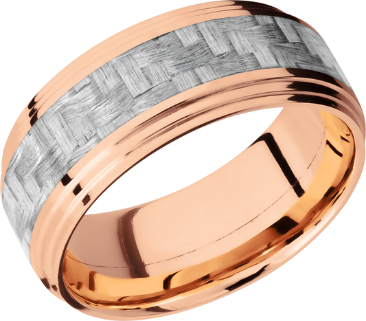 14K Rose Gold 9mm flat band with 2 grooved edges and a 4mm inlay of silver Carbon Fiber