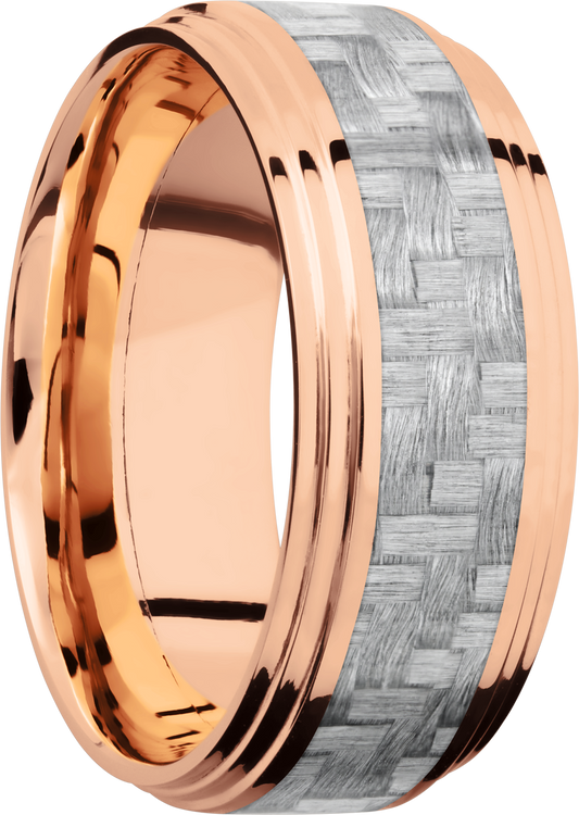 14K Rose Gold 9mm flat band with 2 grooved edges and a 4mm inlay of silver Carbon Fiber