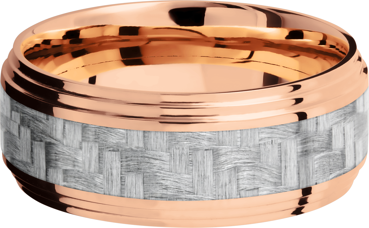 14K Rose Gold 9mm flat band with 2 grooved edges and a 4mm inlay of silver Carbon Fiber