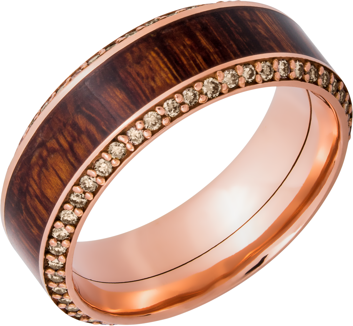 14k Rose Gold 8.5mm beveled band with an inlay of exotic Natcoco hardwood and eternity chocolate diamond accents