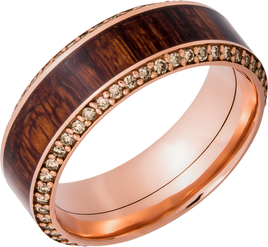 14k Rose Gold 8.5mm beveled band with an inlay of exotic Natcoco hardwood and eternity chocolate diamond accents