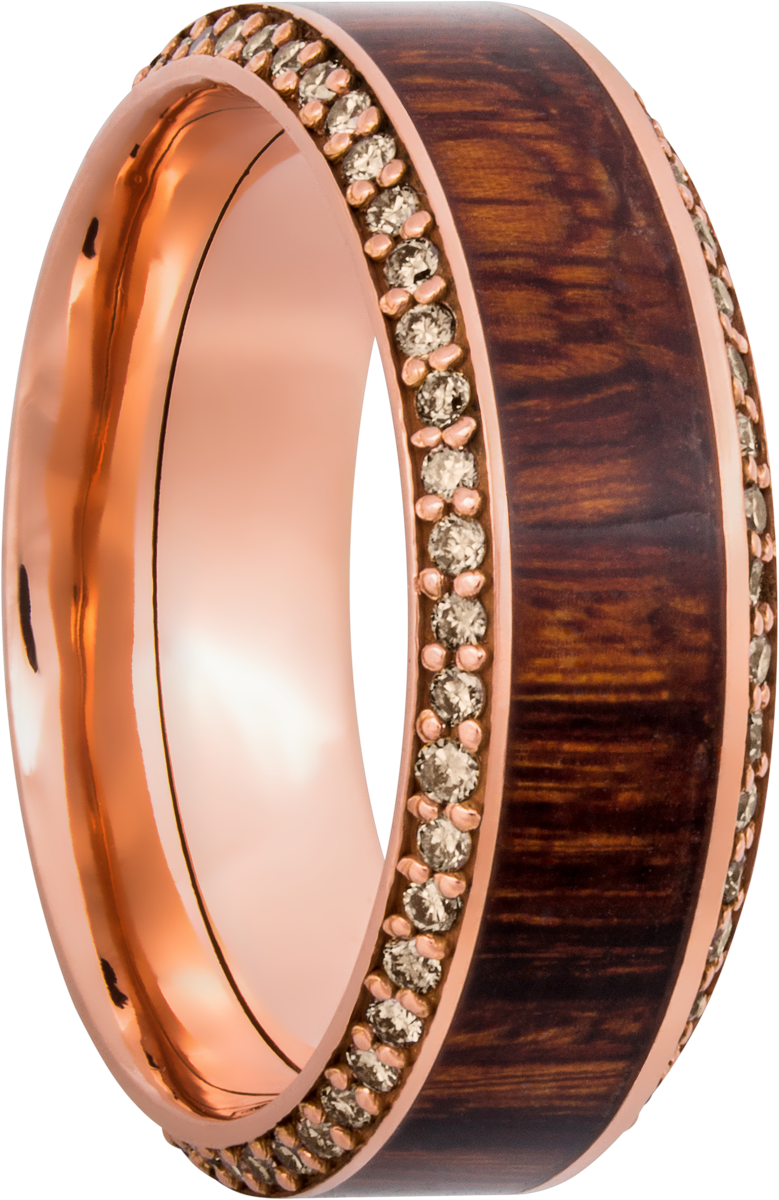 14k Rose Gold 8.5mm beveled band with an inlay of exotic Natcoco hardwood and eternity chocolate diamond accents