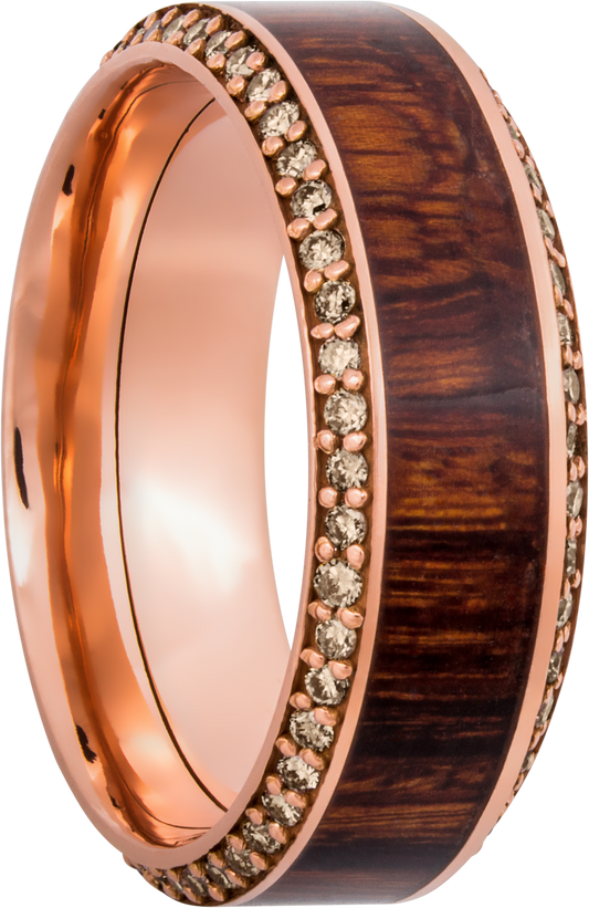 14k Rose Gold 8.5mm beveled band with an inlay of exotic Natcoco hardwood and eternity chocolate diamond accents