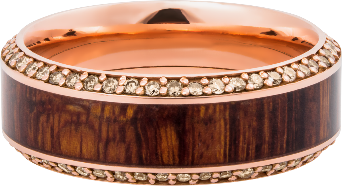 14k Rose Gold 8.5mm beveled band with an inlay of exotic Natcoco hardwood and eternity chocolate diamond accents