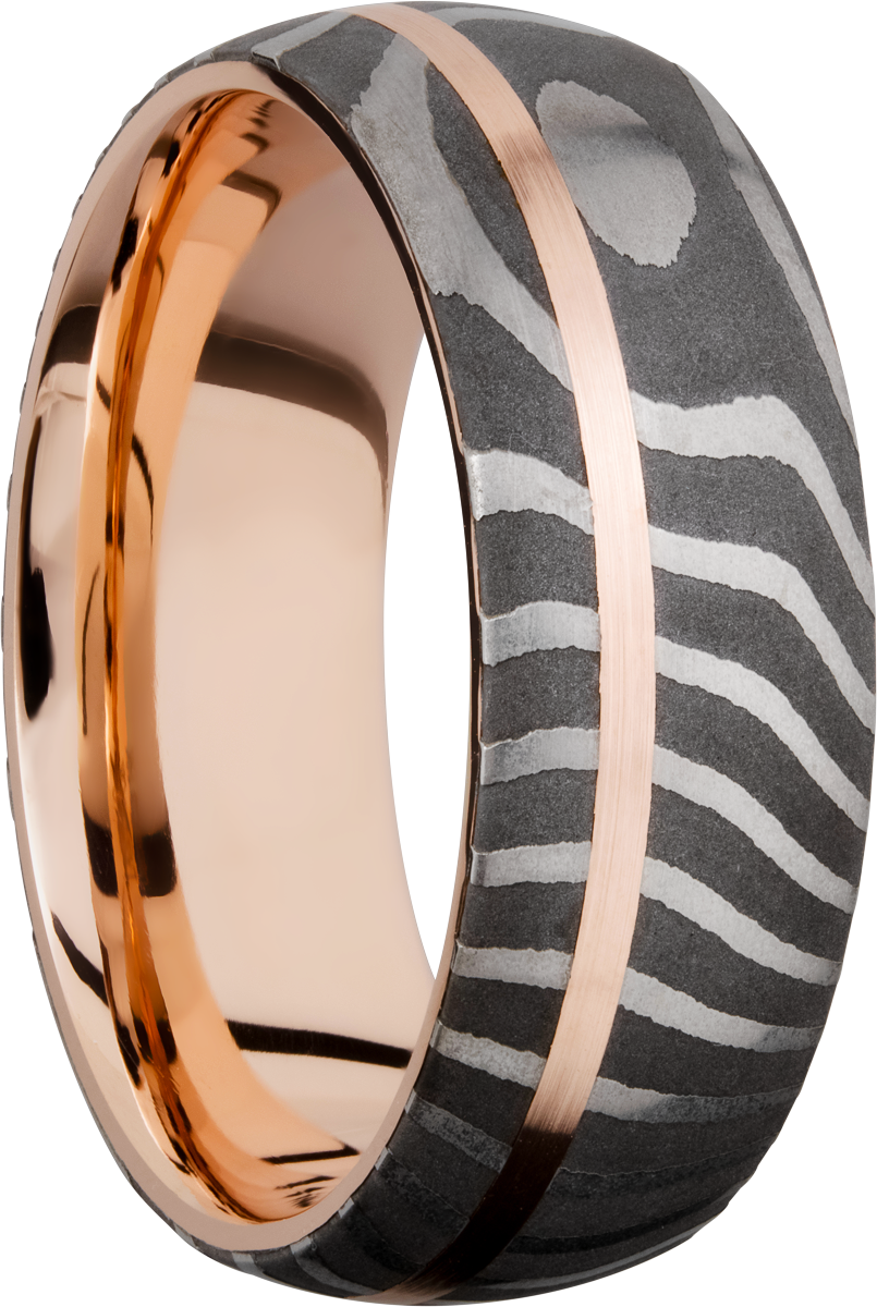 Handmade 8mm Tiger Damascus steel band featuring a sleeve and off-center inlay of 14K rose gold