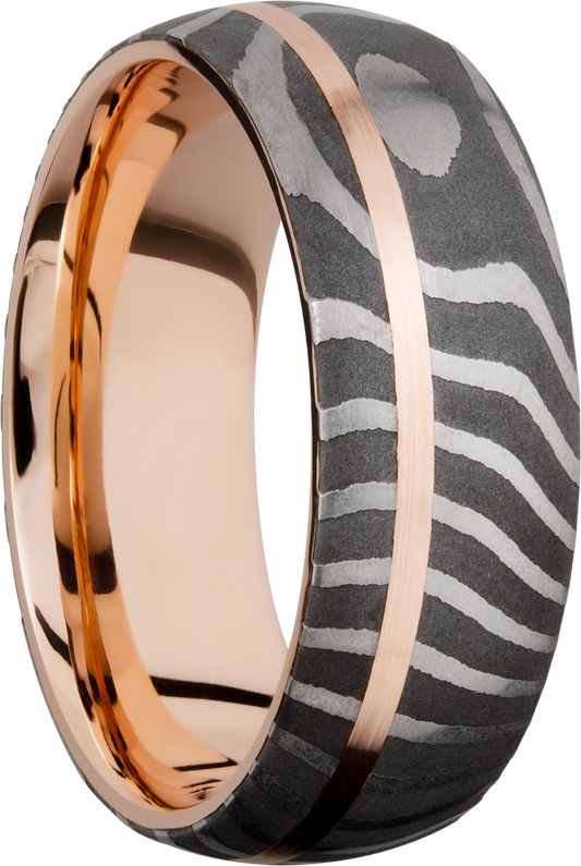 Handmade 8mm Tiger Damascus steel band featuring a sleeve and off-center inlay of 14K rose gold