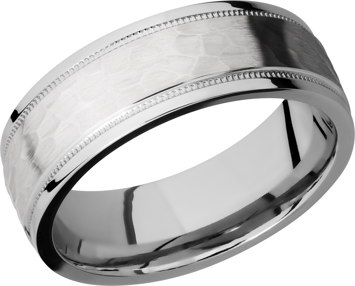 14K White gold 7.5mm domed band with grooved edges and reverse milgrain detail