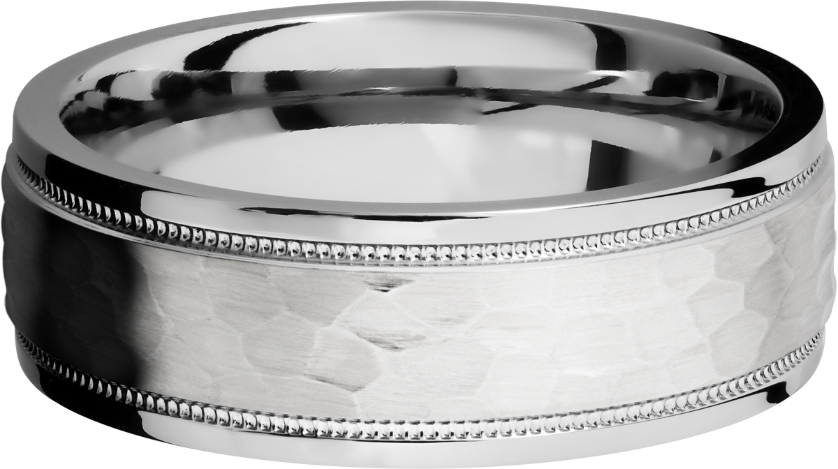 14K White gold 7.5mm domed band with grooved edges and reverse milgrain detail