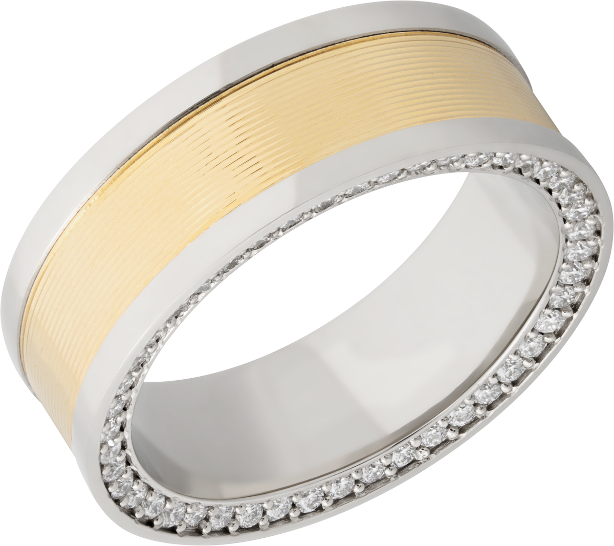 14K White gold 8mm flat band with an inlay of 14K yellow gold and bead-set .01ct side eternity diamonds
