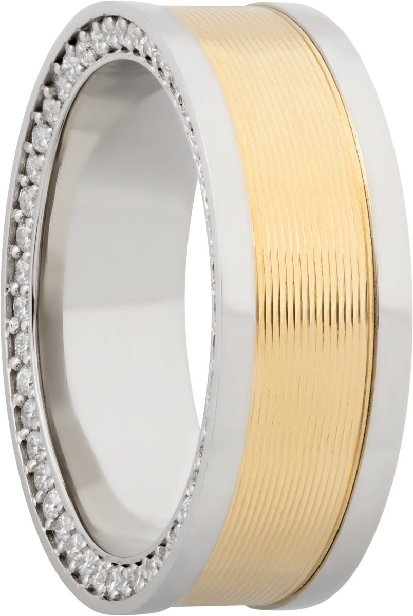 14K White gold 8mm flat band with an inlay of 14K yellow gold and bead-set .01ct side eternity diamonds