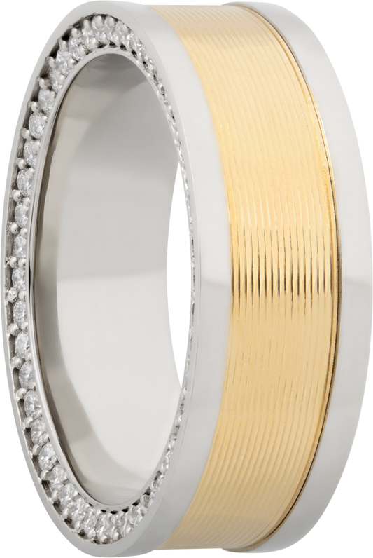 14K White gold 8mm flat band with an inlay of 14K yellow gold and bead-set .01ct side eternity diamonds