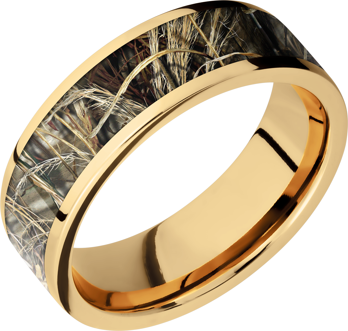 14K Yellow  Gold 7mm flat band with a 5mm inlay of Realtree Advantage Max4 Camo