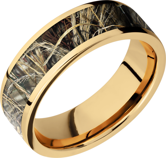 14K Yellow  Gold 7mm flat band with a 5mm inlay of Realtree Advantage Max4 Camo