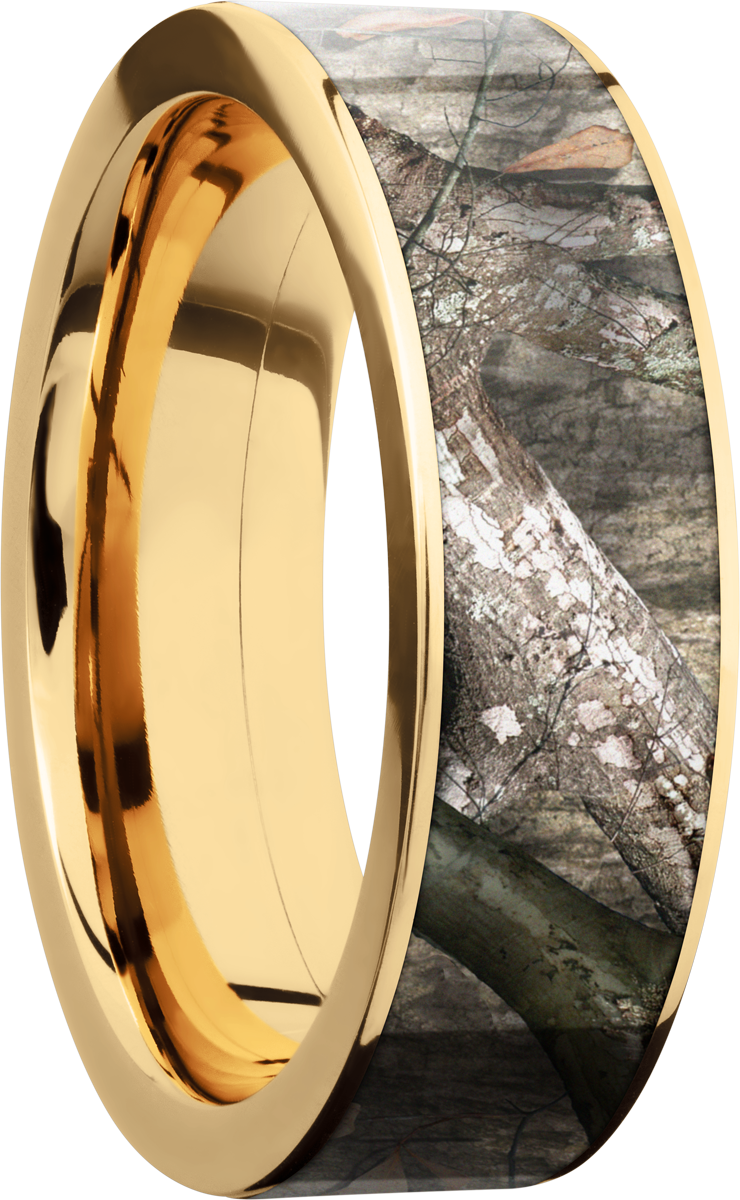 14K Yellow Gold 7mm flat band with a 6mm inlay of Mossy Oak Treestand Camo