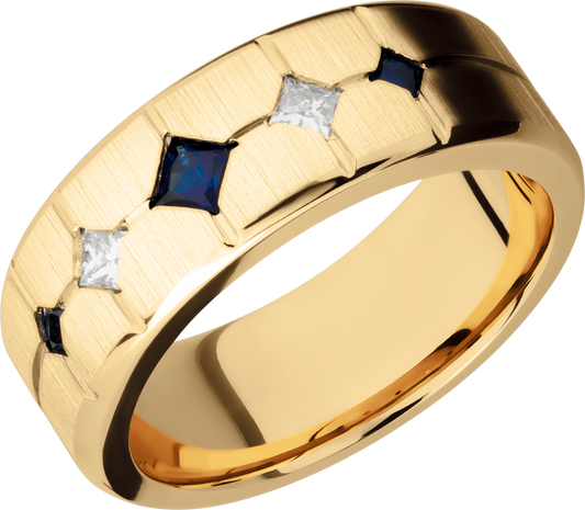 14K Yellow gold 8mm beveled band with 3 sapphires and 2 diamonds