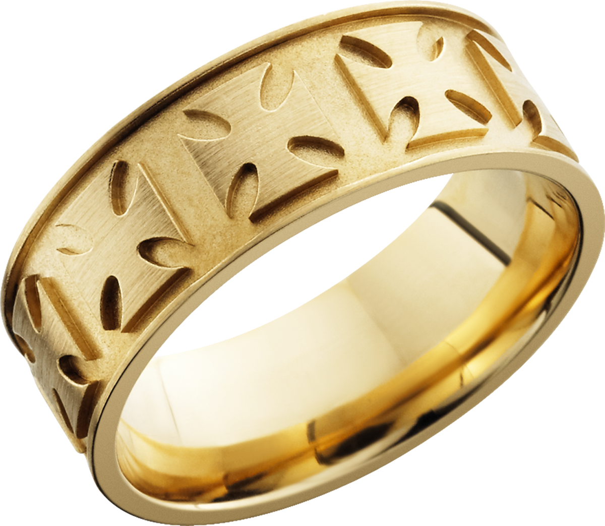 14K Yellow gold 8mm flat band with a laser-carved maltese pattern