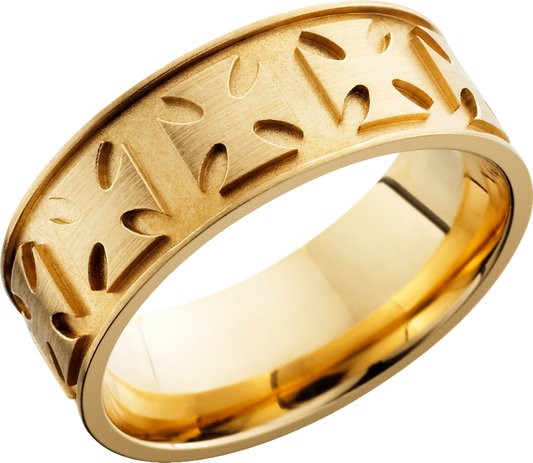 14K Yellow gold 8mm flat band with a laser-carved maltese pattern