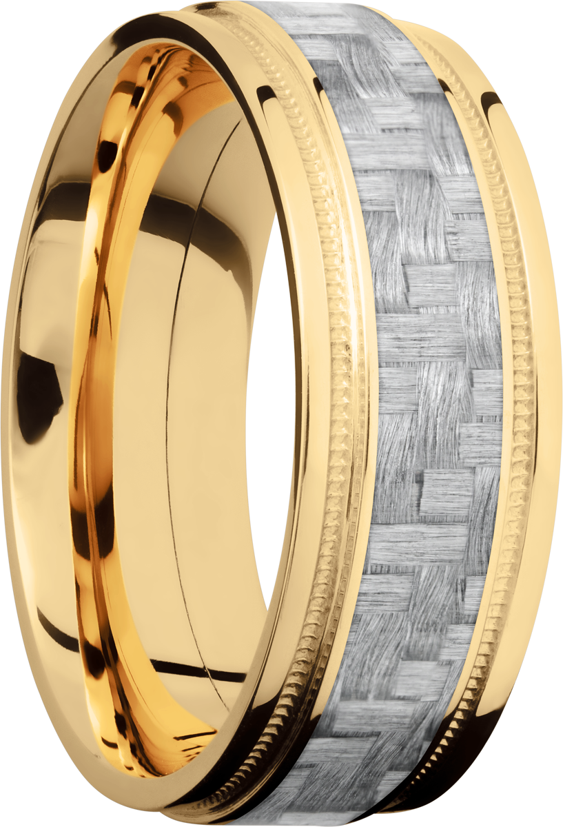 14K Yellow Gold 8mm flat band with grooved edges and a 4mm inlay of black Carbon Fiber inside reverse milgrain detail