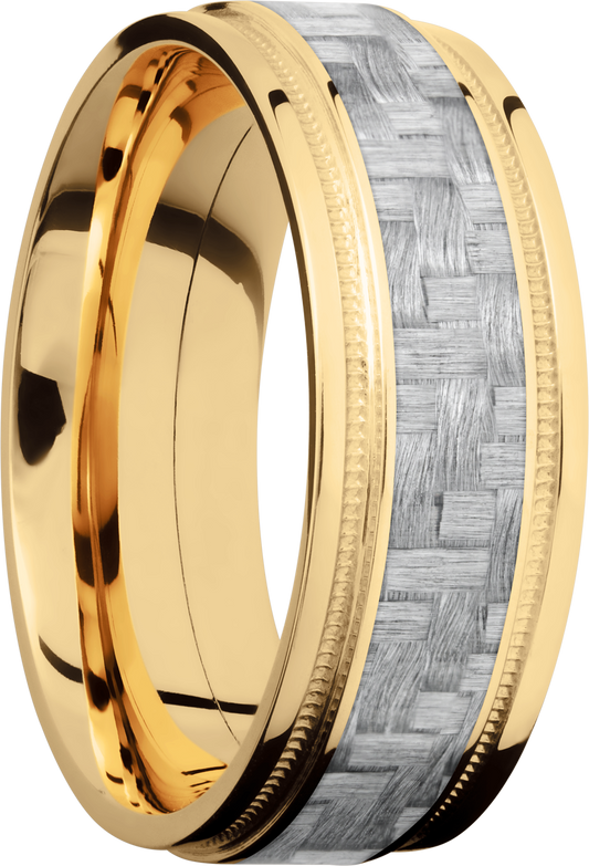 14K Yellow Gold 8mm flat band with grooved edges and a 4mm inlay of black Carbon Fiber inside reverse milgrain detail