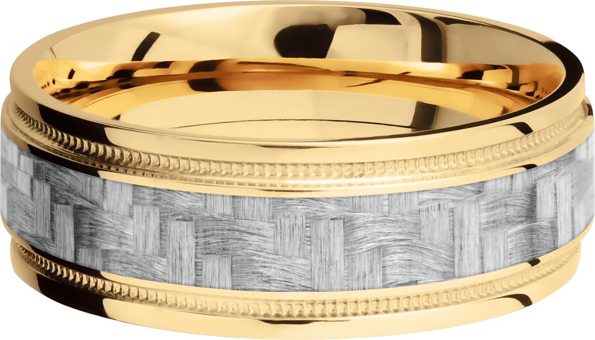 14K Yellow Gold 8mm flat band with grooved edges and a 4mm inlay of black Carbon Fiber inside reverse milgrain detail