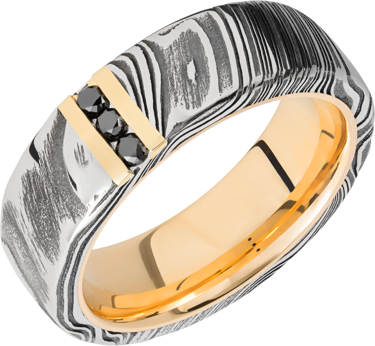 Handmade 7mm Woodgrain Damascus steel band featuring 3, .03ct channel-set black diamonds and a 14K yellow gold sleeve