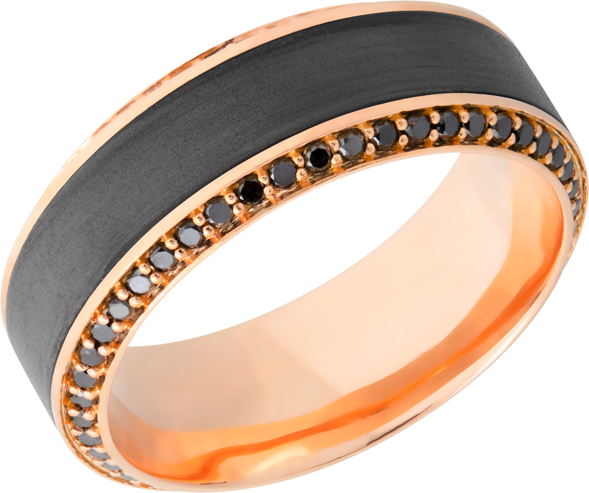 18K Rose gold 8.5mm beveled band with an inlay of zirconium and bead-set eternity black diamonds