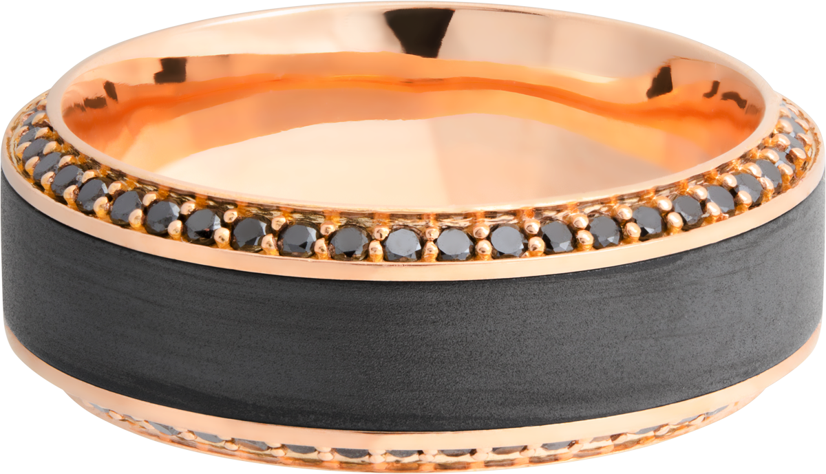 18K Rose gold 8.5mm beveled band with an inlay of zirconium and bead-set eternity black diamonds