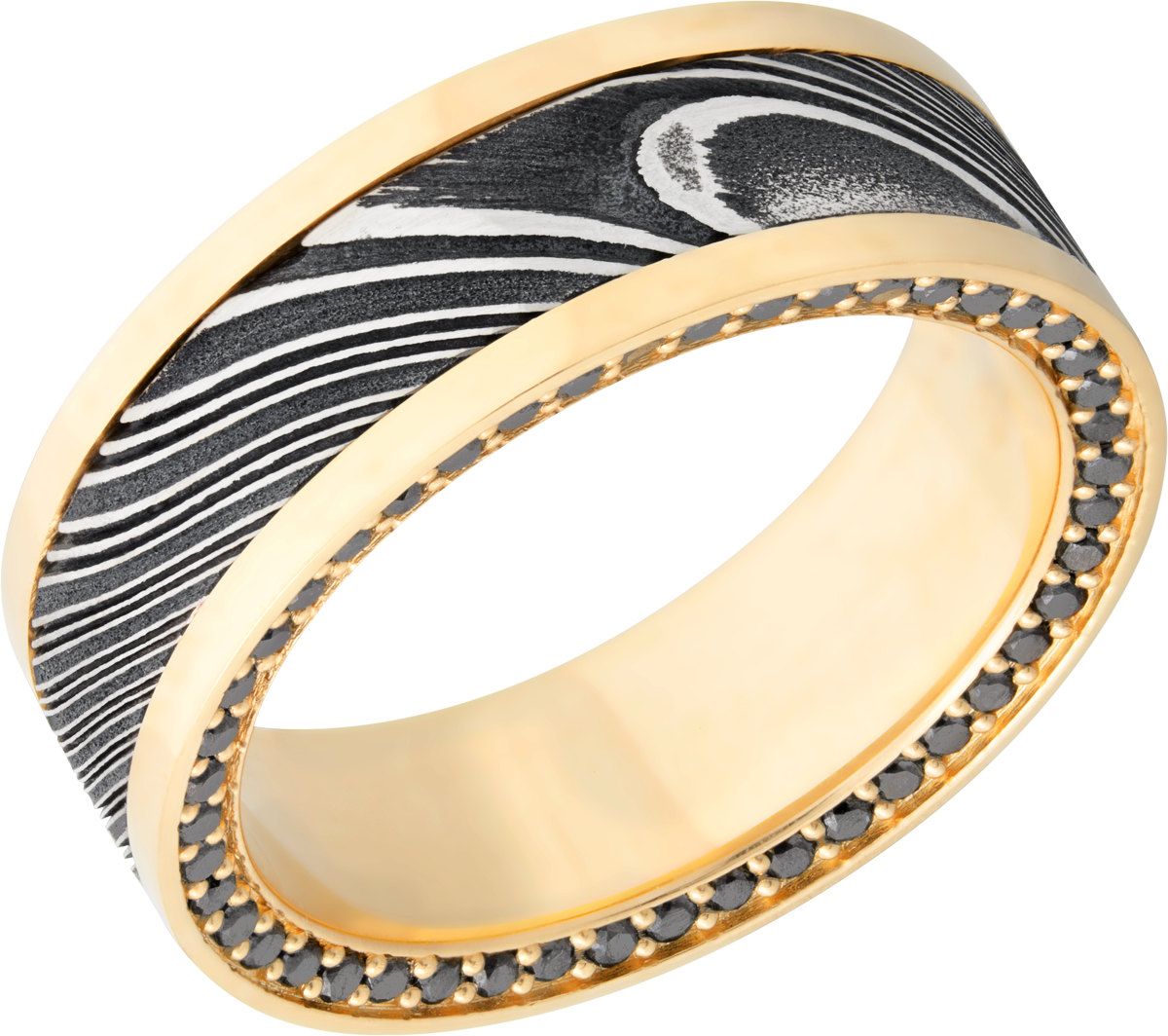 18K Yellow gold 8mm flat band with an inlay of handmade woodgrain Damascus steel and black diamond eternity accents