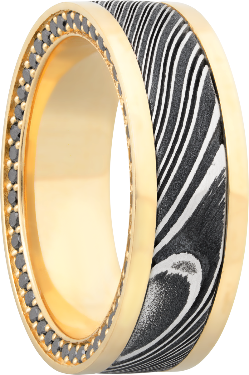 18K Yellow gold 8mm flat band with an inlay of handmade woodgrain Damascus steel and black diamond eternity accents