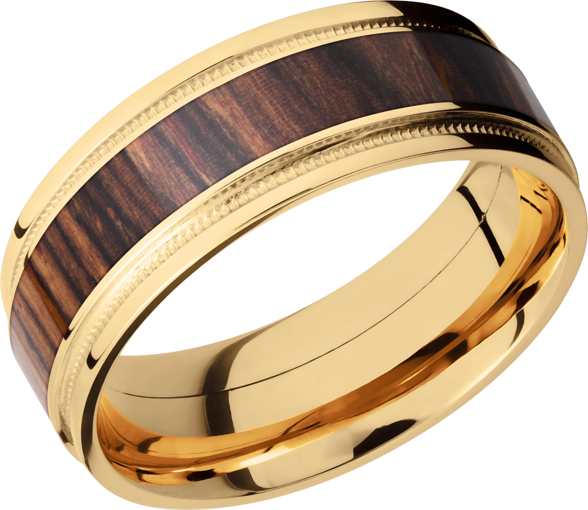 18K Yellow gold 8mm flat band with grooved edges, reverse milgrain detail and an inlay of Natcoco hardwood