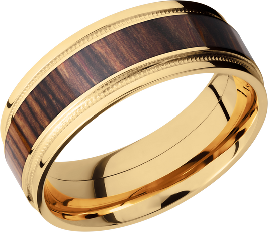 18K Yellow gold 8mm flat band with grooved edges, reverse milgrain detail and an inlay of Natcoco hardwood