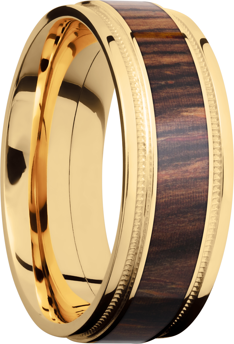 18K Yellow gold 8mm flat band with grooved edges, reverse milgrain detail and an inlay of Natcoco hardwood