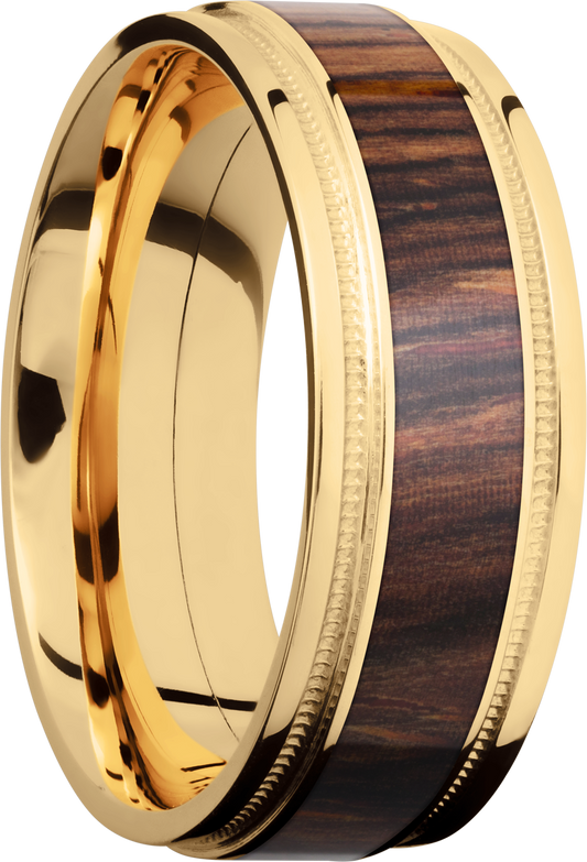 18K Yellow gold 8mm flat band with grooved edges, reverse milgrain detail and an inlay of Natcoco hardwood