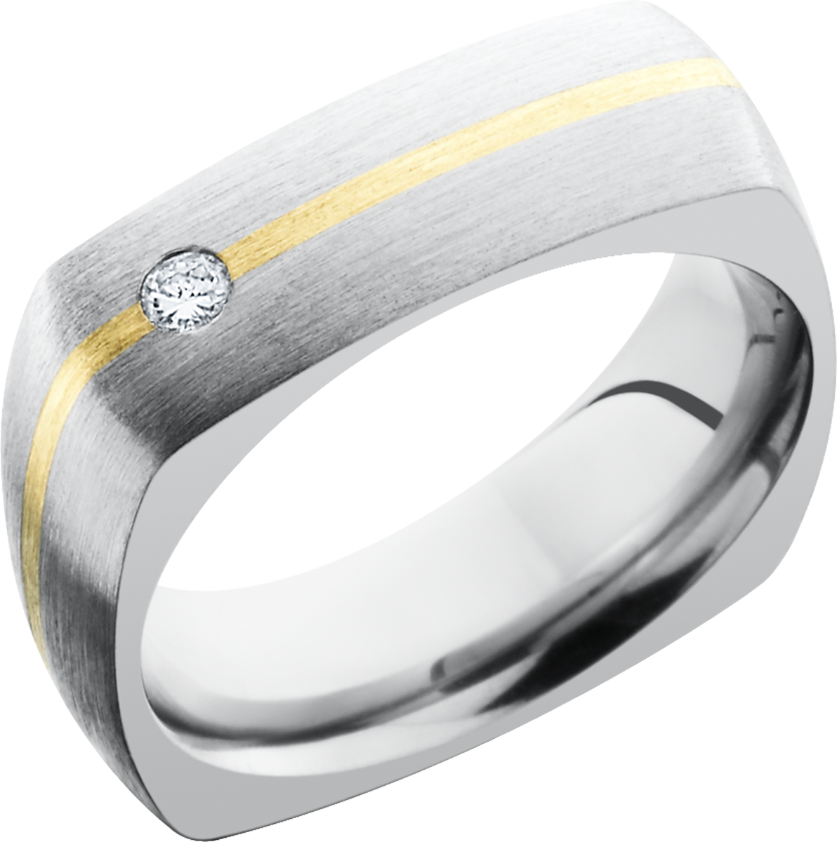 Titanium 7mm domed square band with an inlay of 14K yellow gold and a flush-set .07ct diamond