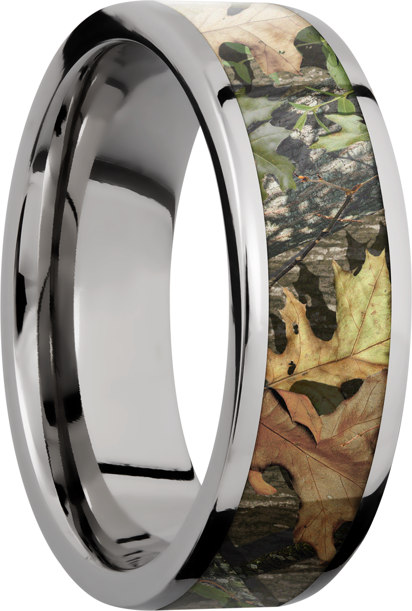 Titanium 7mm flat band with a 5mm inlay of Mossy Oak Obsession Camo