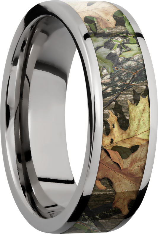 Titanium 7mm flat band with a 5mm inlay of Mossy Oak Obsession Camo