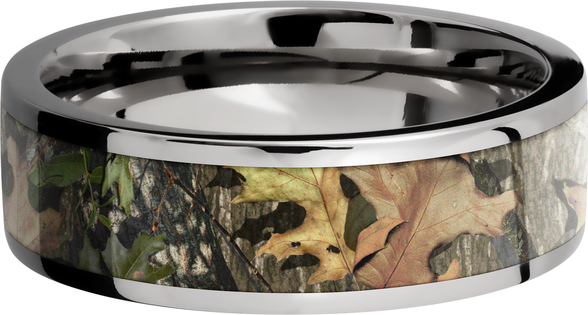 Titanium 7mm flat band with a 5mm inlay of Mossy Oak Obsession Camo