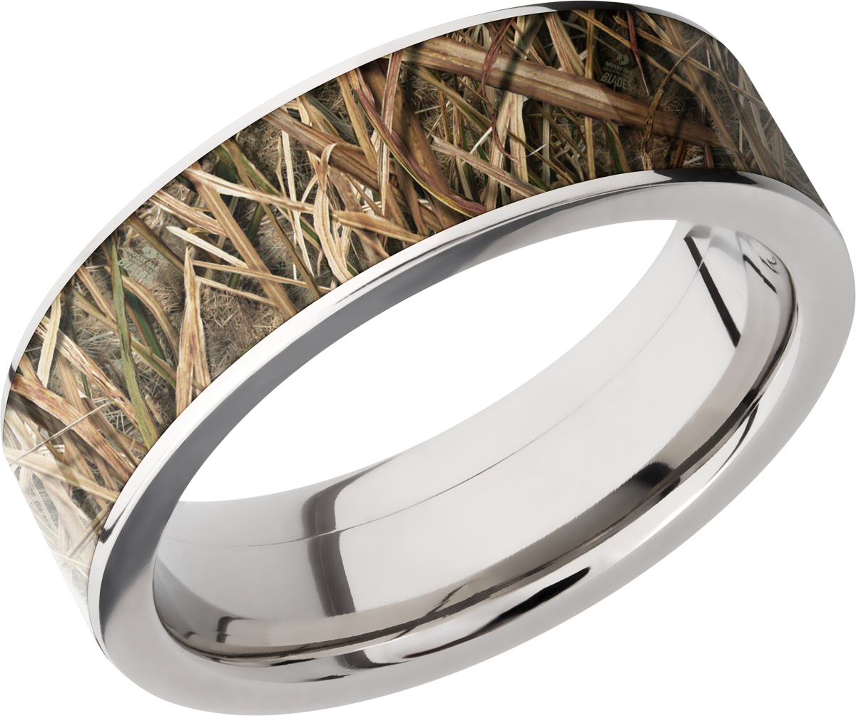 Titanium 7mm flat band with a 6mm inlay of Mossy Oak SG Blades Camo