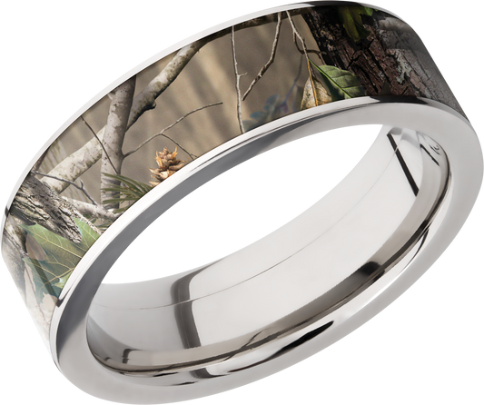 Titanium 7mm flat band with a 6mm inlay of Real Tree APG Camo