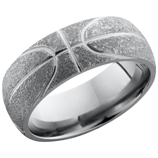 Titanium 8mm domed band with a laser-carved basketball pattern