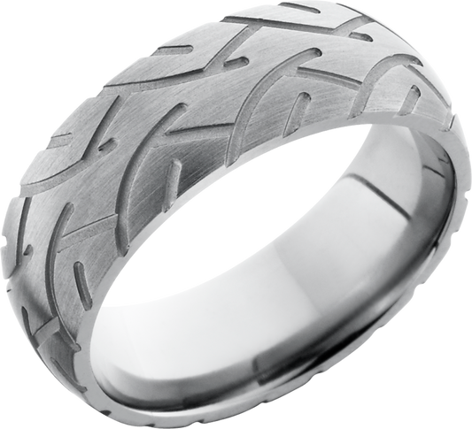 Titanium 8mm domed band with a laser-carved cycle pattern