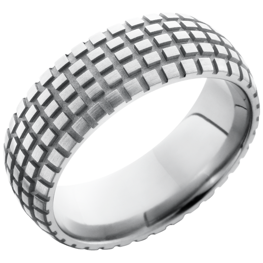 Titanium 8mm domed band with a laser-carved cycle pattern