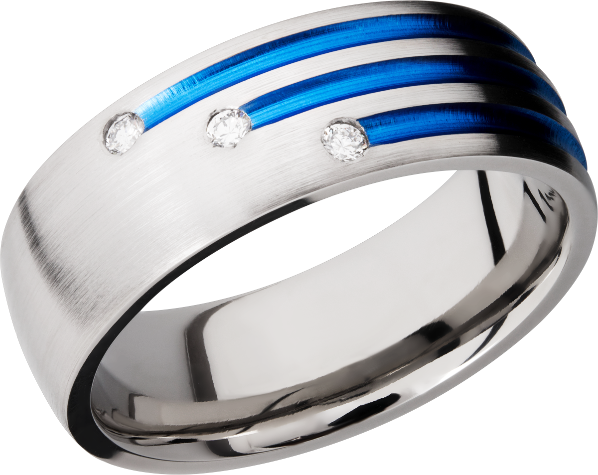 Titanium 8mm domed band with three staggered grooves with Cerakote and 3, .03 flush-set diamonds