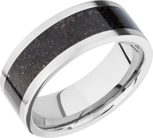 Titanium 8mm flat band with a mosaic inlay of black dinosaur bone