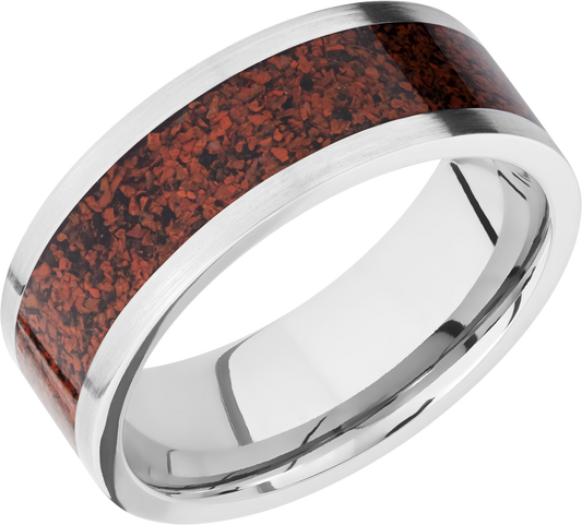 Titanium 8mm flat band with a mosaic inlay of red dinosaur bone