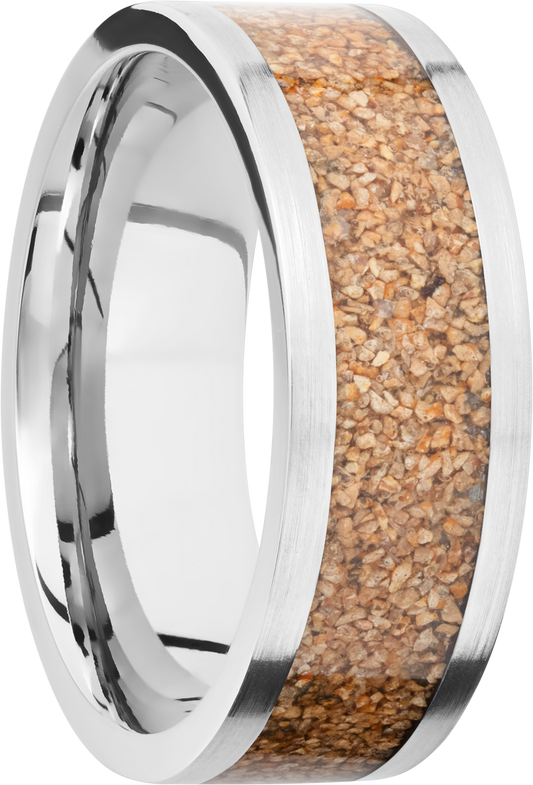 Titanium 8mm flat band with a mosaic inlay of tan dinosaur bone